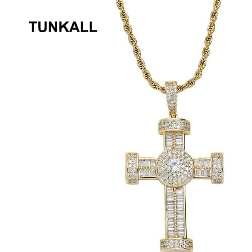 TUNKALL Hip Hop cross Pendant Brass Micro pave with AAA Zircon Stone Necklace Jewelry for men women CN295