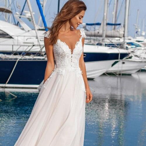 Simple Scoop Cap Sleeves Wedding Dress Bohemian Lace Sexy Back Summer Beach Bridal Gowns Customized Vestido de Novia