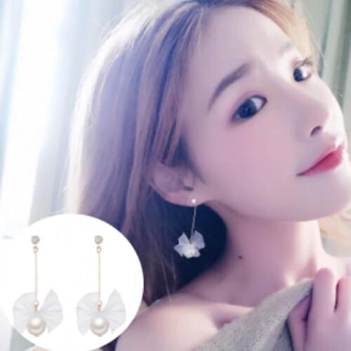 Korean version of the girl heart super fairy ribbon bow earrings simple wild long imitation pearl earrings For Women Oorbellen