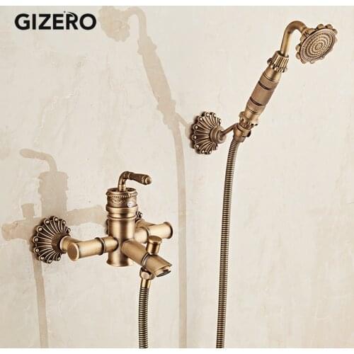 Bathroom Shower Faucets Copper Brass Antique Carved Bath Shower Set with Handheld Shower Bathtub Faucets Wall Mounted ZR022
