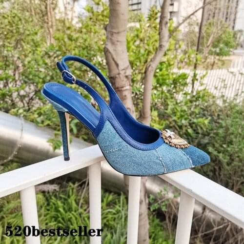 Womens Shoes For Autumn High Heels Slingbacks sandalias mujer Patchwork Denim Heart pearl Poined Toe sandals Designer Pumps