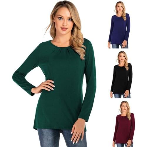 New Women Tunic Tops Autumn Winter Round Neck Stretch Long Sleeve Casual T-Shirts Solid Color O-neck Shirts