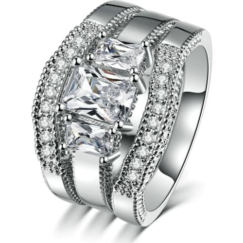 Hainon Luxury Engagement Zircon Crystal Rings Women Girls Silver Color Wedding 3 pcs Ring Sets Lover Wedding Jewelry Party Gift