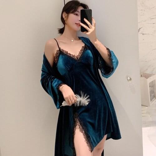 Winter And Autumn Sexy Luxury Princess Golden Velvet Sleepwear Woman With Suspenders Nightgown Two-Piece Home Clothes Халат