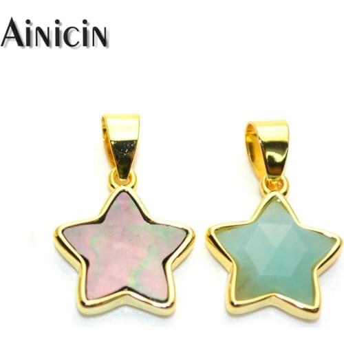 10pcs Five Pointed Star Black Shell Green Amazonite Pendants Gold Plating Copper 12x12mm Fashion Women Earring Making Findings