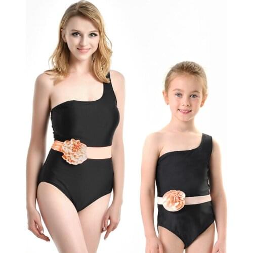 2021 Mom Baby Swimsuit One Shoulder One Piece Swimwear Girls Black Bathing Suit Parent-child Beachwear Quick Dry Triangle Bikini