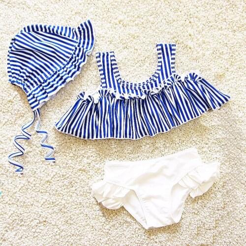 2020 Striped Girls Swim Sets Cap 3 PCS Kids Bathing Suits Flounced Cute Baby Girl Bikini Sets Beach Children Swimming Clothes