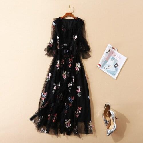 European and American womens clothing 2020 autumn new style V-neck seven-point sleeves Net yarn embroidery Fashionable dress