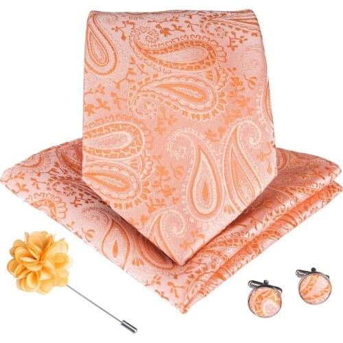 Fashion Mens 100% Silk Tie Pocket Square Set Orange Paisley Neckties Wedding Business Neck Ties 8.5CM Handkerchief 23CM MJ-586