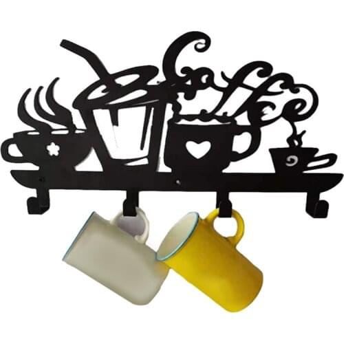 Creative 4-Hook Wall Mount Coffee Cup Drain Hook Black Metal Mug Rack Hanging