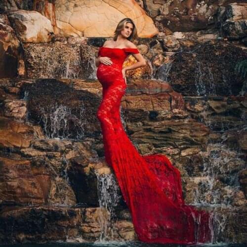 Maternity Lace Off Shoulder Dress Photo Photography Prop Long Trailing Gown Pregnant Women Pregnancy Sexy Perspective Clothes