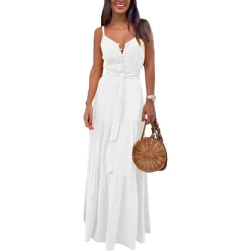 Summer Dresses Women Fashion Beach Bohemian Women Solid Color Sleeveless V Neck Belted Maxi dress midi summer 2021