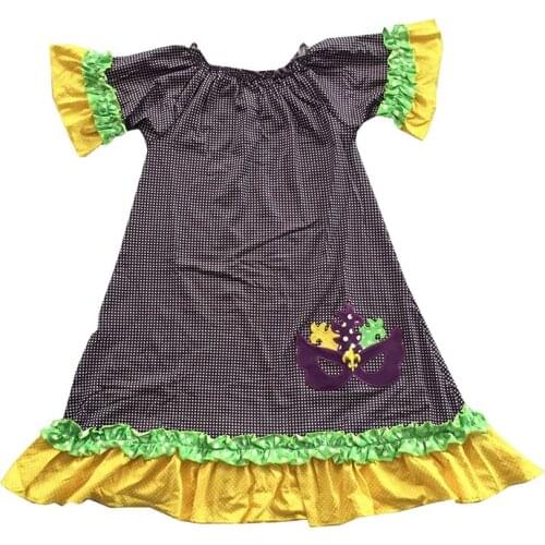 Hot selling green polka dots icing ruffle sleeves purple mask Mardy Gras girl dress
