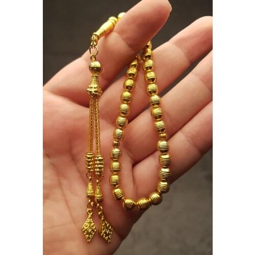 Mens 6mm Sphere Cutout Striped Model Gold Glitter Plated Wrist Size Metal Prayer Beads 33 Beads Muslim Prayer Rosary