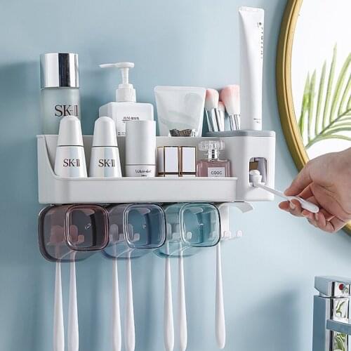 Toothbrush Holder для ванной комнаты Non-perforated Suction Tooth Cup Wall-mounted Plastic Mouthwash Set Toilet Storage Box
