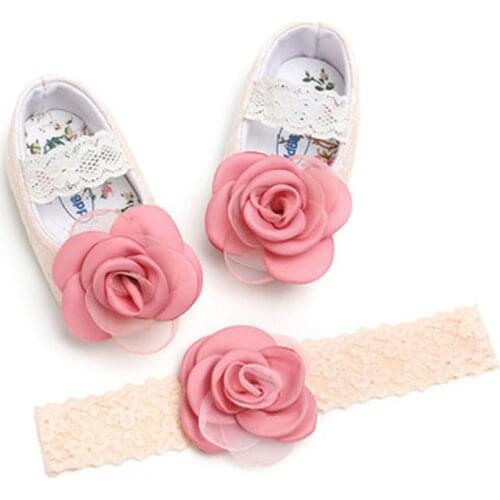 Baby Girl Lace Princess Shoes Toddler First Walkers with Flower Headband Soft Soled Non-slip Footwear Prewalkers Newborn Gift