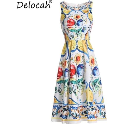 Delocah Summer Women Party Midi Dress Sleeveless Vintage Floral Print Elegant Female Fashion Designer A-Line Dresses vestidos