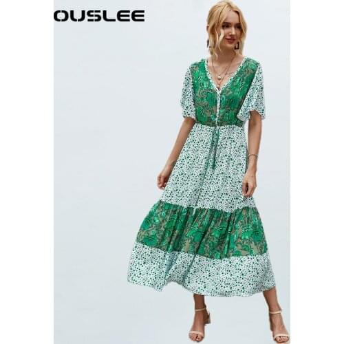 OUSLEE New Bohemian Style Floral Printed Dress Women V-neck Button Short Sleeve Summer Boho Dresses Chic Loose Casual Maxi Dress