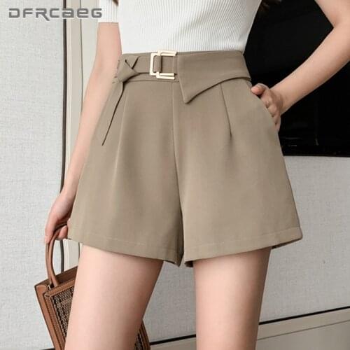 Casual Loose Summer Womens Shorts With Metal Buttons 2021 High Waist Work Office Asymmetry Short Trousers Female Khaki
