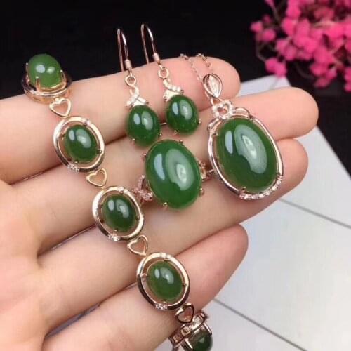 Natural and Real Hetian Jasper jewelry set 925 sterling silver 1pc pendant,1pc ring ,2pcs Earring,1pc Bracelet