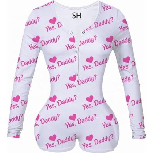 Spring Women Clothes Long Sleeve V-neck Star Heartprint Bodycon Sleepwear Jumpsuit Button Shorts Romper Leotard Tops Bodysuit