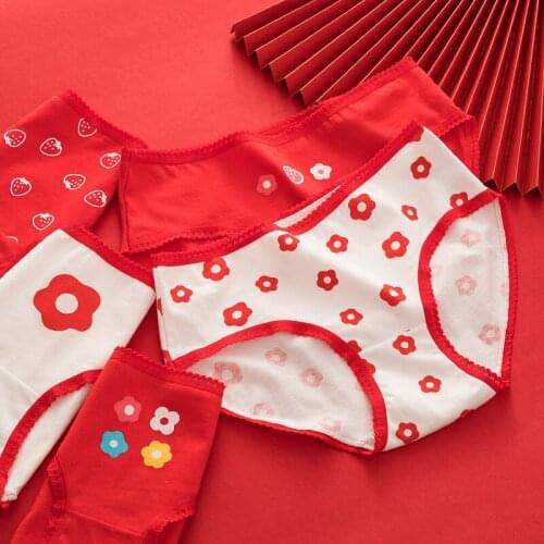 Women panties lace sexy lingerie female casual underpants satin gril briefs ladies Red Flower pattern kwaii underwear intimates
