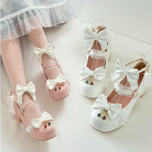 OLOMLB Womens Lolita Round Toe Bowknot Rose Metal Chain Kawaii Cosplay Shoes Sandals Block Heel Plus Size 34-43 Mary Janes