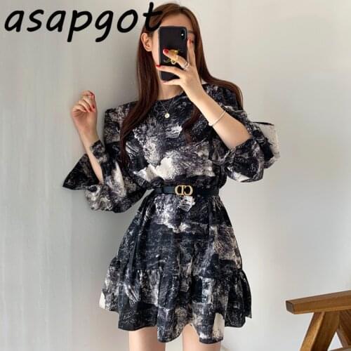Korean Chic Temperament Elegant Ink Printing Dress O Neck Slim High Waist Lantern Sleeve Ruffle Dress Women Short Retro Vestido