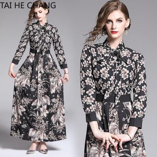 Women Dress New Fashion Retro Spring Summer Elegant Slim Bodycon Vintage Party Runway Print Shirt Office Work Maxi Dresses