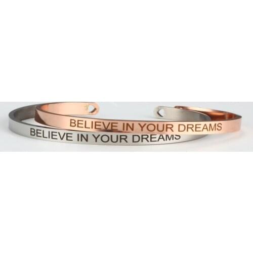 Engraved BELIEVE IN YOUR DREAMS Bangle Stainless Steel Women 4mm Open Bracelets Jewelry 2019 Wholesale