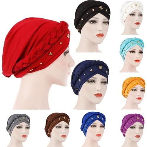 Elastic Cotton Turban Hat Women 2020 Full Cover Inner Hijab Caps Muslim Headscarf Vintage Fashion Beads Head Wrap turbante mujer