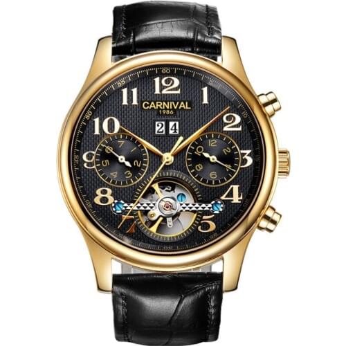 Carnival Mens Multifunction Holllow-out Dial Genuine Leather Watchband Automatic Mechanical Watch - gold bezel black dial
