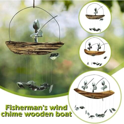 Spoon Fish Wind Chime Hand-made Retro Metal Craft Fishing People Wind Chimes Wooden Boat Fishing Spoon Wind Chime Hanging Decor