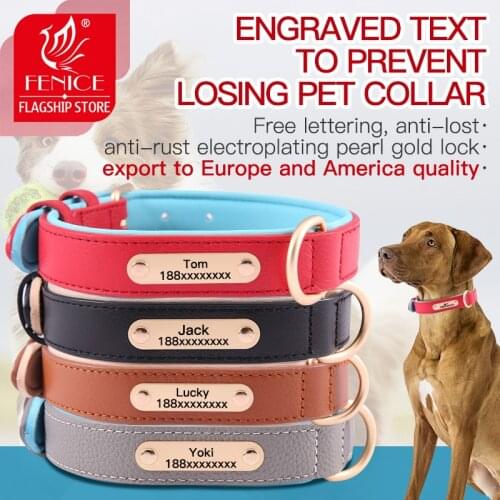 Fenice Leather Dog Collar Personalized Pet Collar Engraved ID Tag Nameplate Reflective for Small Medium Large Dogs Pitbull Pug