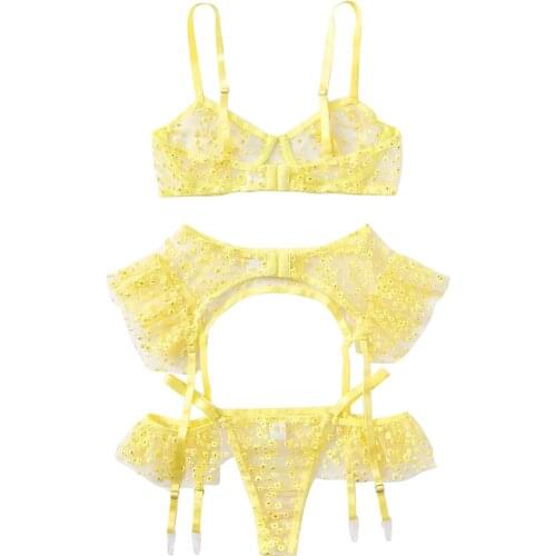 Embroidery Lace Transparent Sexy Lingerie Underwear Set Women Push Up Bra Thong Brief Sets Lenceria Sensual Mujer Erotic Garter