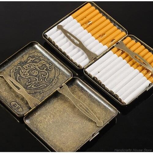 Retro Metal Cigarette Case with Gift Box Double Sided Spring Clip Open Pocket Storage Holder for 20 Regular Size Cigarettes