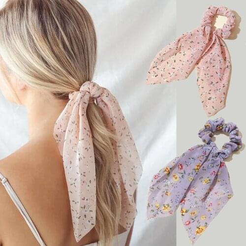 Fashion Dots Flower Printed Satin Girls Elastic Hair Bands Long Ribbon Ponytail Scarf Hair Tie Women Scrunchies Hair Accessories