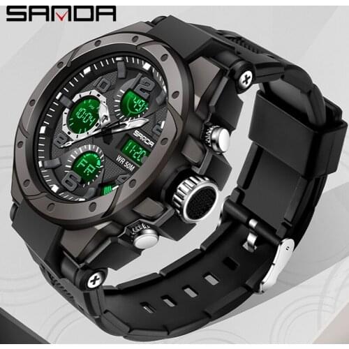 SANDA Men Sports Watches Dual Display Analog Digital LED Electronic Quartz Wristwatches Waterproof Swimming Military Watch 6008