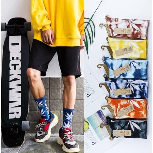 5 Pairs Socks Men Tie Dye Hemp Leaf Long Weed Socks Set Male Cotton Happy Sock Pack Harajuku Skateboard Hip Hop Tie Dyed 1 Lot