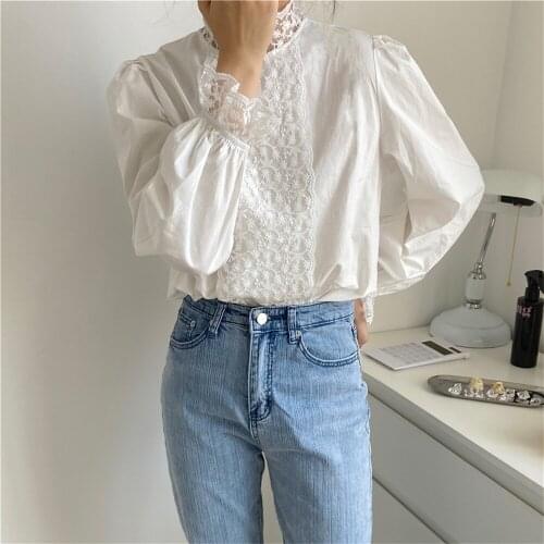 2021 New White Patchwork Lace Blouses Stand Chic Gentle Lady Fashion Retro Autumn Chic All Match Women Mujer Tops