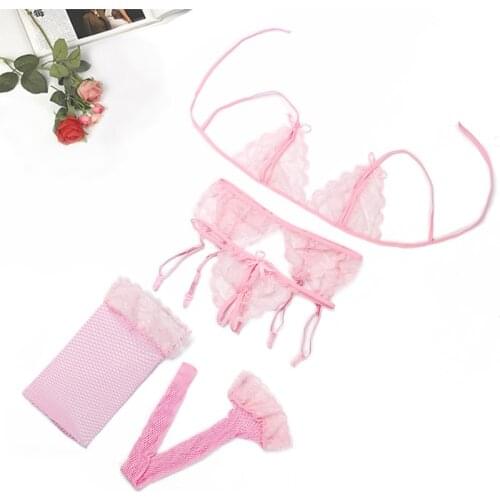 Sexy Pink Lingerie Set Lace Push Up Bra And Panty Garters Fishnet Stockings Bra Set Underwear Transparent Erotic 4pcs Brief Set