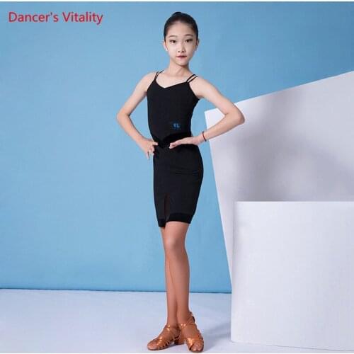Latin Dance Female Child Temperament Dress Practice Clothes Girl Backless Professional Black Dancing Suspender Skirt