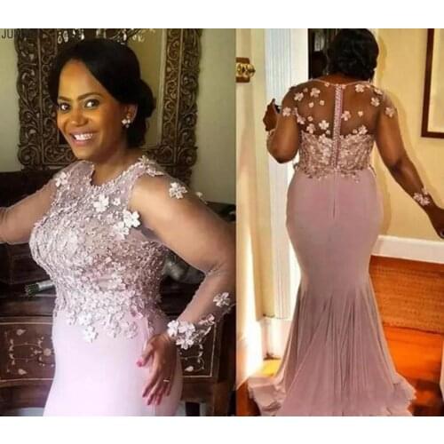 Pink Appliques Beaded Mother Of The Bride Dresses Long Sleeves Mermaid Wedding Guest Dress Plus Size Formal Evening Dresses