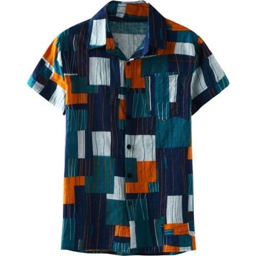 Chemise Homme Mens Shirt Fashion Geometry Stripe Print Splice Casual Shirt Turn Down Collar Short Sleeve Button Blouse Chemise