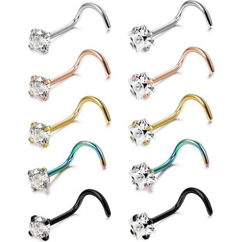 Nose Studs Screw Curve Hook Clear Gem Steel Claw Pin Bone Piercing Accessories