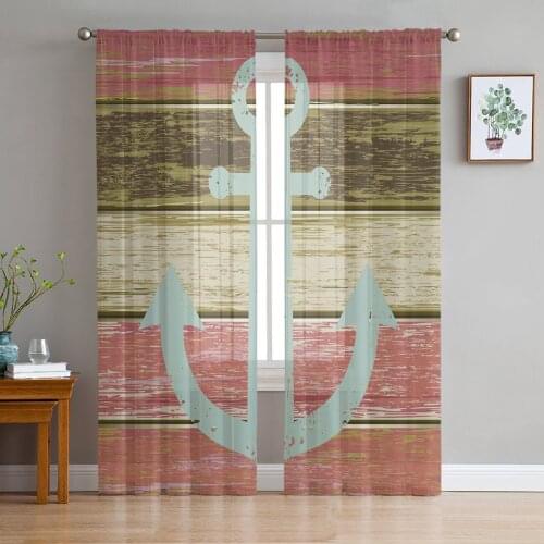 Retro Wood Grain Texture Pink Anchor Tulle Curtain Voile Transparent Tulle for Bedroom Living Room Kitchen Sheer Window Curtains