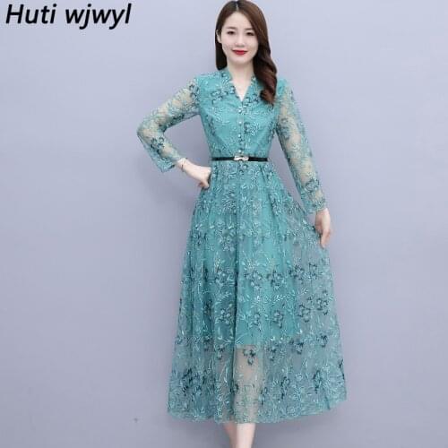 2021 Vintage Casual Plus Szie Office Lady Dress Elegant Women Bodycon Party Maxi Vestidos Spring Autumn New Sexy Mesh Midi Dress