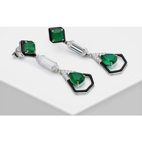 Green Stone Black Enamel Created Emerald Gemstone Ring 925 Sterling Silver Cocktail Party Finger Ring Fine Jewelry for Women