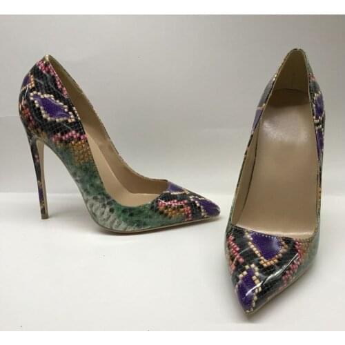 Green snake print sexy 12cm high heel pointed toe shallow 12cm high heels ladies nightclub party wedding shoes QP070 CHENSIR9