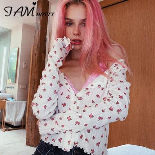 IAMHOTTY y2k Floral Print Long Sleeve Womens Clothing Vintage Single Button Cute Casual Streetwear T-shirt Female Korean Tees